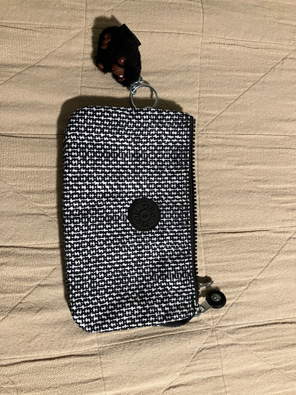 Kipling Black and White Woven-Pattern Zipper creativity Pouch with Keyring.